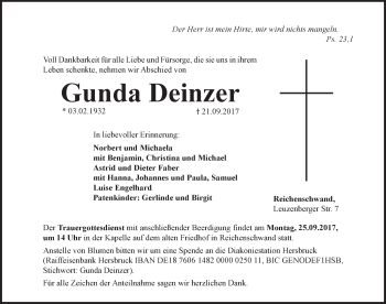 Traueranzeige von Gunda Deinzer von Hersbrucker Zeitung