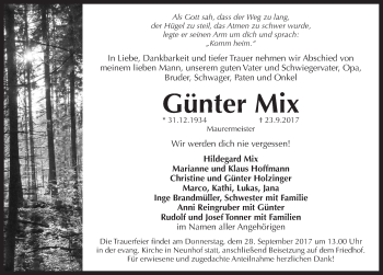 Traueranzeige von Günter Mix von Pegnitz-Zeitung