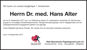 Traueranzeige von Hans Alter von Pegnitz-Zeitung