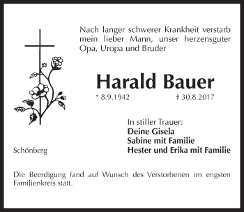 Traueranzeige von Harald Bauer von Pegnitz-Zeitung