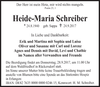 Traueranzeige von Heide-Maria Schreiber von Hersbrucker Zeitung