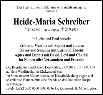 Traueranzeige von Heide-Maria Schreiber von Pegnitz-Zeitung