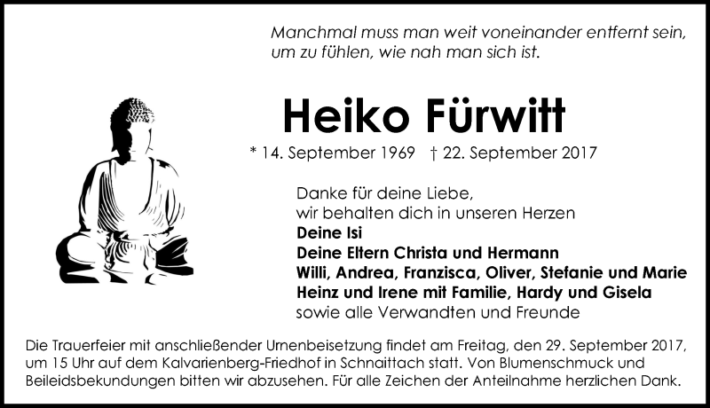  Traueranzeige für Heiko Fürwitt vom 27.09.2017 aus Pegnitz-Zeitung