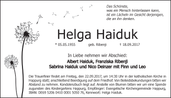 Traueranzeige von Helga Haiduk von Hersbrucker Zeitung
