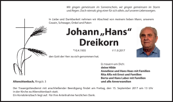Traueranzeige von Johann Dreikorn von Hersbrucker Zeitung