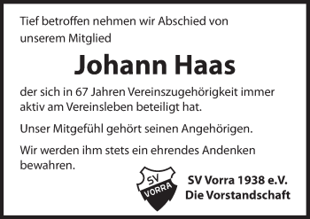 Traueranzeige von Johann Haas von Hersbrucker Zeitung
