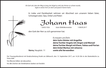 Traueranzeige von Johann Haas von Hersbrucker Zeitung