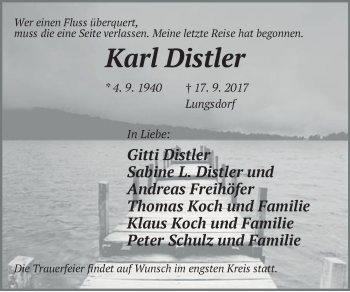 Traueranzeige von Karl Distler von Hersbrucker Zeitung