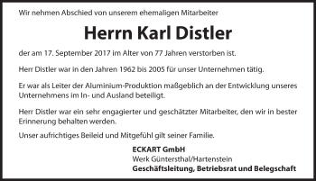 Traueranzeige von Karl Distler von Hersbrucker Zeitung