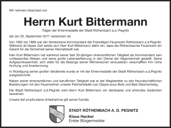 Traueranzeige von Kurt Bittermann von Pegnitz-Zeitung