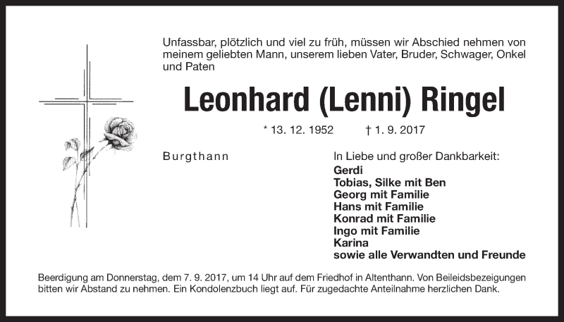  Traueranzeige für Leonhard Ringel vom 05.09.2017 aus Der Bote