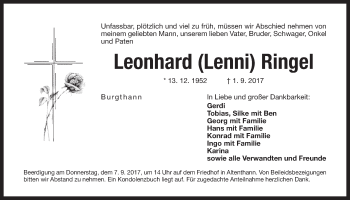 Traueranzeige von Leonhard Ringel von Der Bote