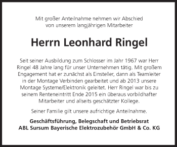 Traueranzeige von Leonhard Ringel von Der Bote