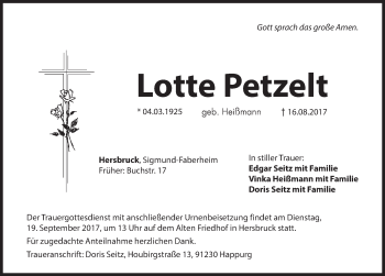 Traueranzeige von Lotte Petzelt von Hersbrucker Zeitung