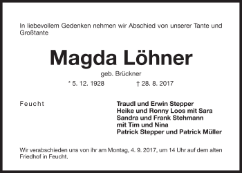 Traueranzeige von Magda Löhner von Der Bote