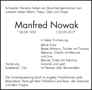 Traueranzeige von Manfred Nowak von Hersbrucker Zeitung