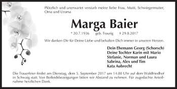 Traueranzeige von Marga Baier von Pegnitz-Zeitung