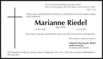 Traueranzeige von Marianne Riedel von Pegnitz-Zeitung