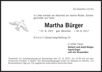 Traueranzeige von Martha Bürger von Der Bote