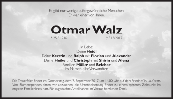 Traueranzeige von Otmar Walz von Pegnitz-Zeitung