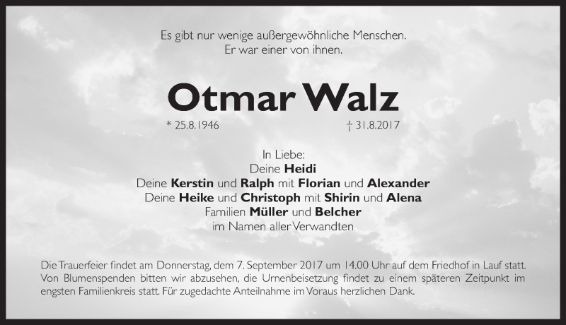  Traueranzeige für Otmar Walz vom 05.09.2017 aus Pegnitz-Zeitung