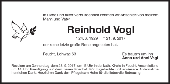 Traueranzeige von Reinhold Vogl von Der Bote