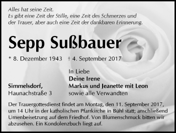 Traueranzeige von Sepp Sußbauer von Pegnitz-Zeitung