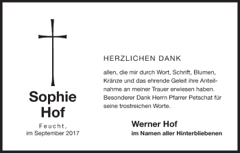 Traueranzeige von Sophie Hof von Der Bote