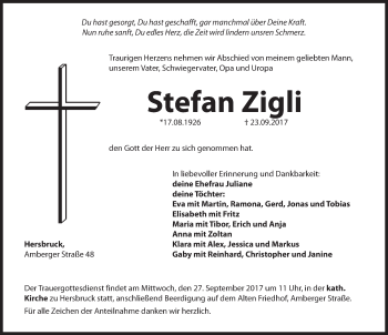 Traueranzeige von Stefan Zigli von Hersbrucker Zeitung