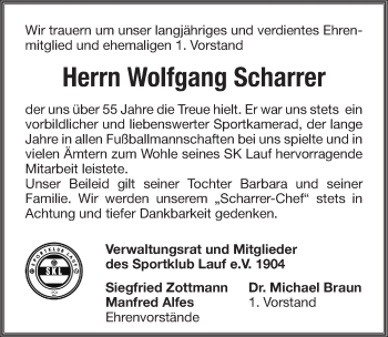 Traueranzeige von Wolfgang Scharrer von Pegnitz-Zeitung