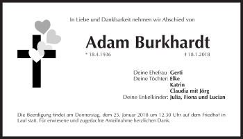Traueranzeige von Adam Burkhardt von Pegnitz-Zeitung