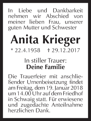 Traueranzeige von Anita Krieger von Pegnitz-Zeitung