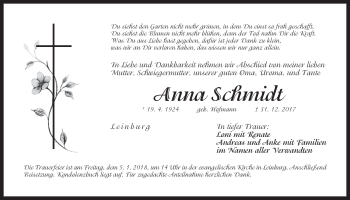 Traueranzeige von Anna Schmidt von Der Bote