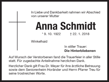 Traueranzeige von Anna Schmidt von Der Bote
