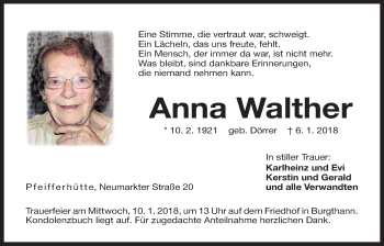 Traueranzeige von Anna Walther von Der Bote