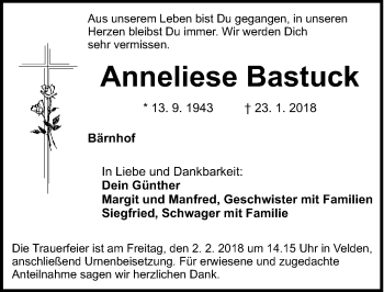 Traueranzeige von Anneliese Bastuck von Hersbrucker Zeitung