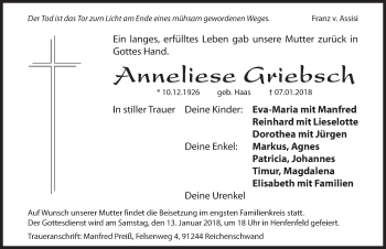 Traueranzeige von Anneliese Griebsch von Hersbrucker Zeitung