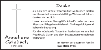 Traueranzeige von Anneliese Griebsch von Hersbrucker Zeitung