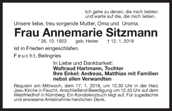 Traueranzeige von Annemarie Sitzmann von Der Bote