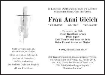 Traueranzeige von Anni Gleich von Hersbrucker Zeitung
