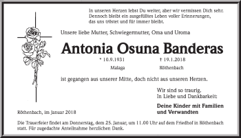 Traueranzeige von Antonia  Osuna Banderas von Pegnitz-Zeitung