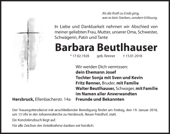 Traueranzeige von Barbara Beutlhauser von Hersbrucker Zeitung