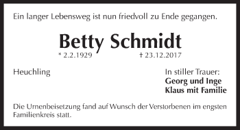 Traueranzeige von Betty Schmidt von Pegnitz-Zeitung