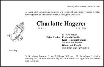 Traueranzeige von Charlotte Hagerer von Pegnitz-Zeitung