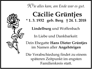 Traueranzeige von Cäcilie Grüntjes von Der Bote
