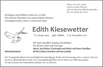 Traueranzeige von Edith Kiesewetter von Hersbrucker Zeitung