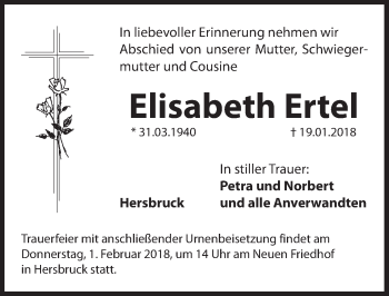Traueranzeige von Elisabeth Ertel von Hersbrucker Zeitung