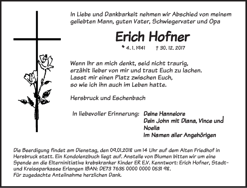  Traueranzeige für Erich Hofner vom 08.01.2018 aus Hersbrucker Zeitung