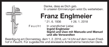 Traueranzeige von Franz Englmeier von Der Bote