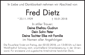 Traueranzeige von Fred Dietz von Pegnitz-Zeitung